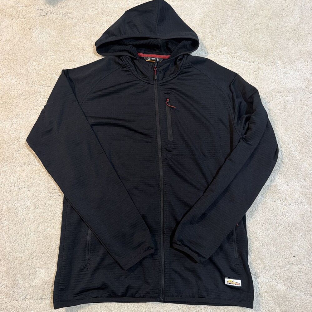 Orvis Grid Fleece Full Zip Hooded Jacket Men's Medium Black Performance Hoodie